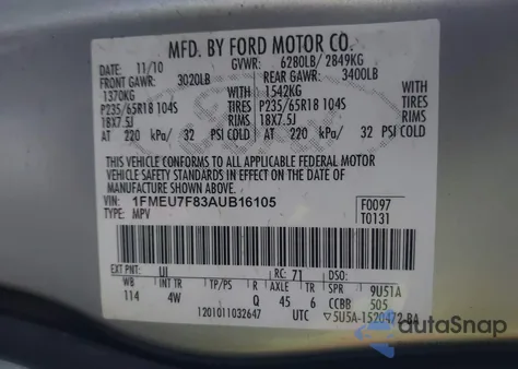 2010 Ford Explorer Limited z USA, uszkodzony, nr VIN 1FMEU7F83AUB16105